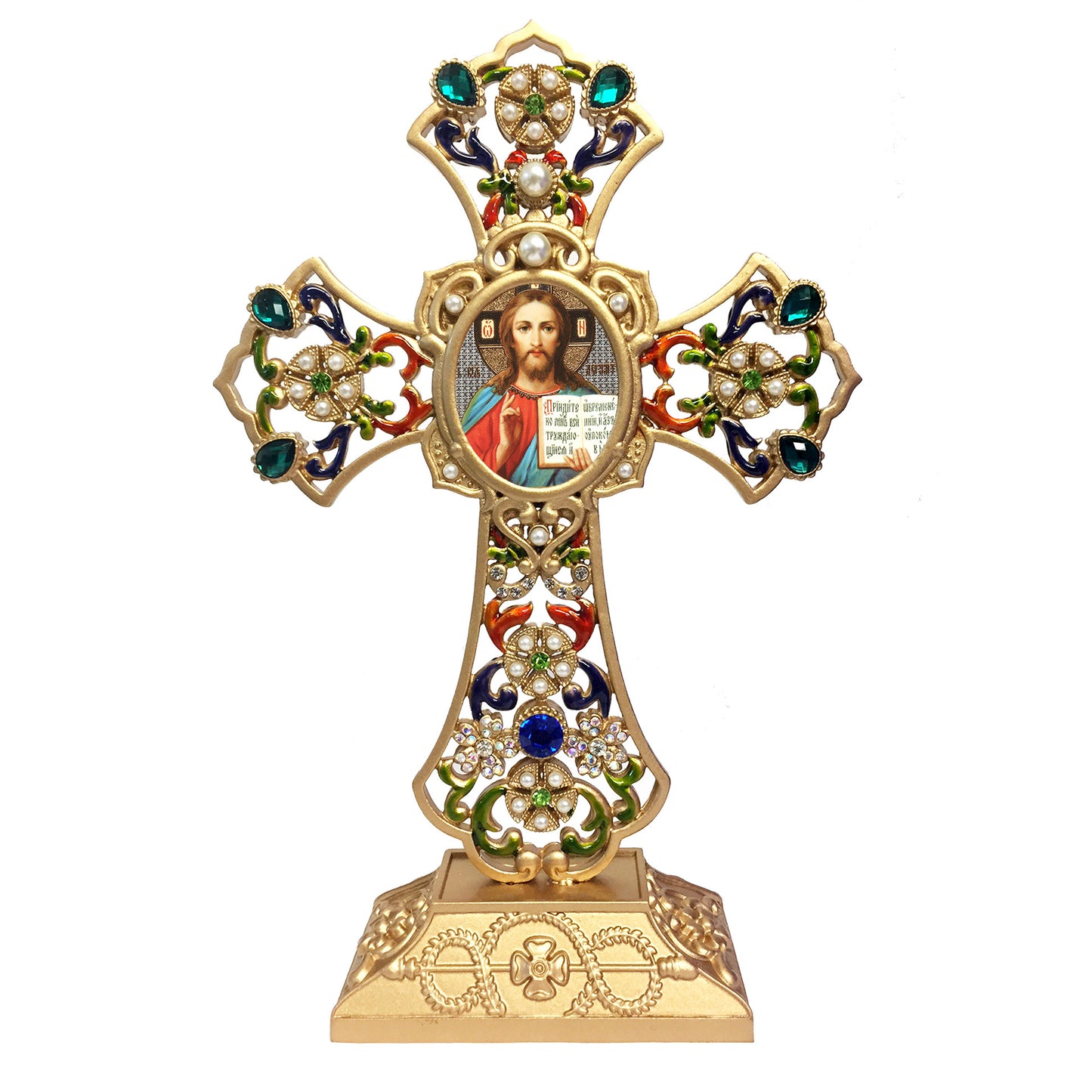 Standing Jeweled Cross With Icon Christ The Teacher 8 5/8 Inch