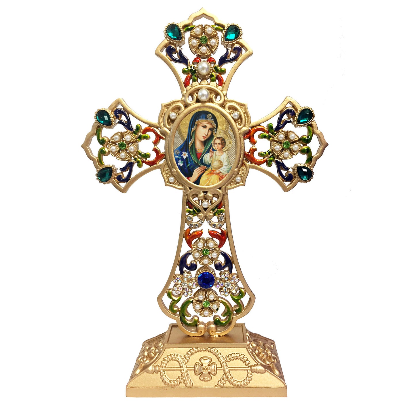 Standing Jeweled Cross With Icon Virgin Mary Eternal Bloom 8 5/8 Inch