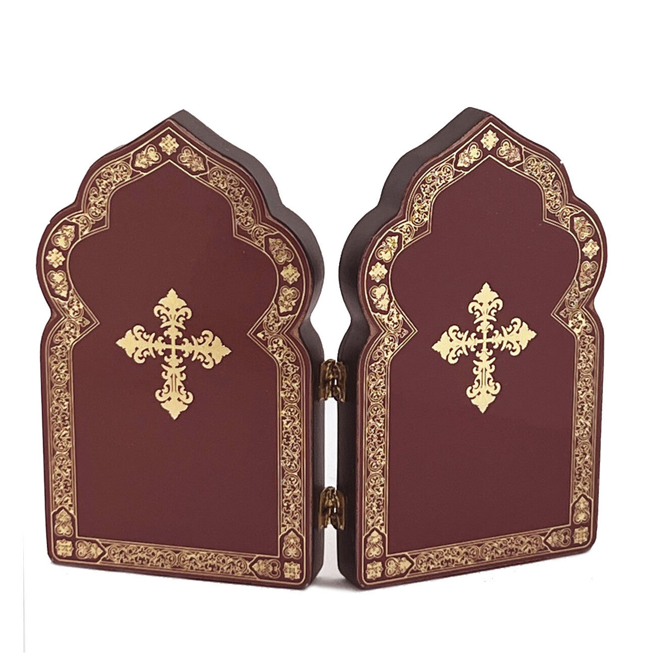 Miniature Church Dome Shape Diptych - Saint Nicholas & Guardian Angel - Wooden 4 Inch, Cross on the Front and Back , For Travel or Home Display