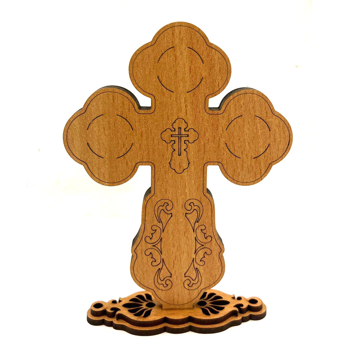 Standing Icon Cross Crucifixion Virgin Of Kazan Christ St Nicholas With Crystal Incense 5 5/8 Inch tall
