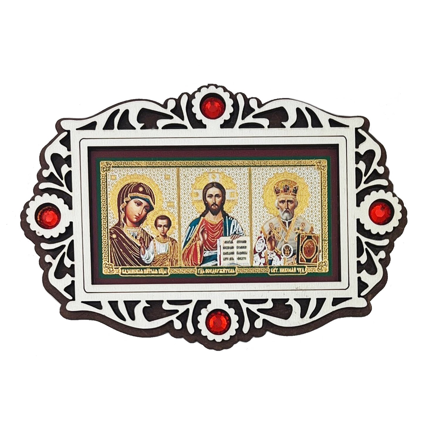 Christ The Teacher - Virgin of Kazan - Saint Nicholas - Incense Crystals Car Wooden Icon - Wood Laser Cut Frame - Sticker on The Back