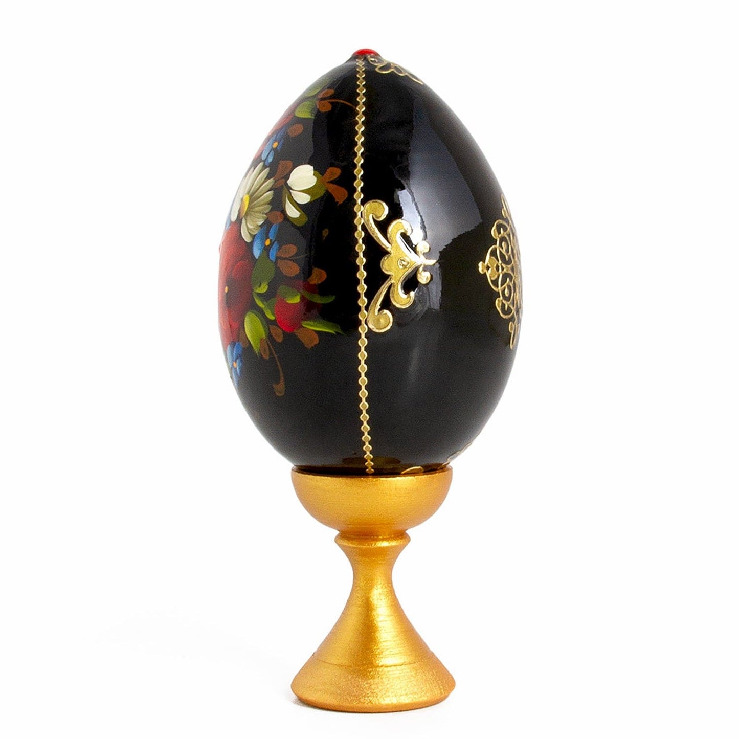 Standing Wooden Egg: Flowers on Black