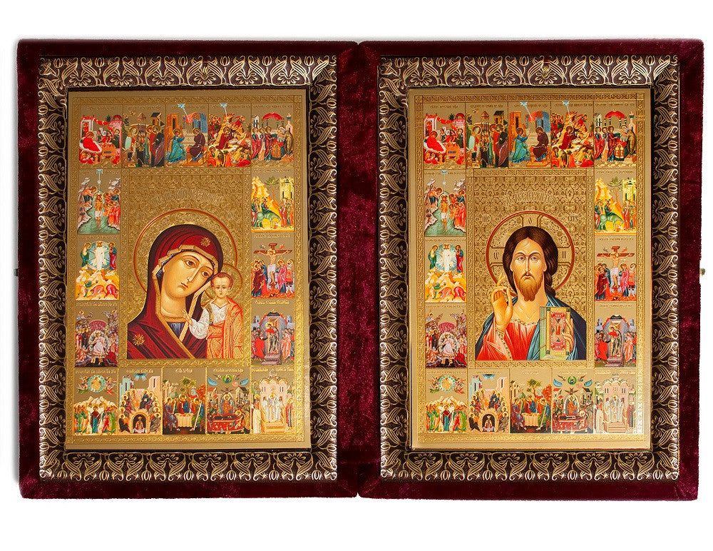Christ The Teacher and Virgin Of Kazan with Feast Days - Wedding Icon Diptych in Velvet Case
