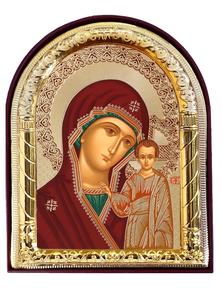 Virgin of Kazan - Gold Foil - Arched Icon With It's Standing and Hole For Hanging 4 1/16 Inch