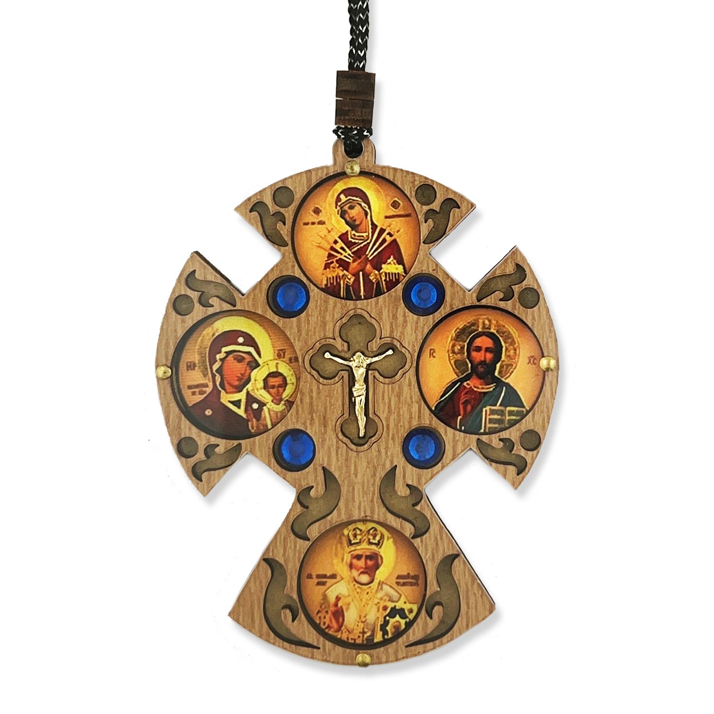Wooden Icon Cross for Car or Room on Rope - Icons - Seven Swords Virgin of Kazan Christ and St Nicholas 3 1/4"