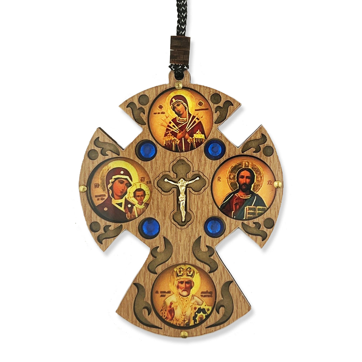 Wooden Icon Cross for Car or Room on Rope - Icons - Seven Swords Virgin of Kazan Christ and St Nicholas 3 1/4"
