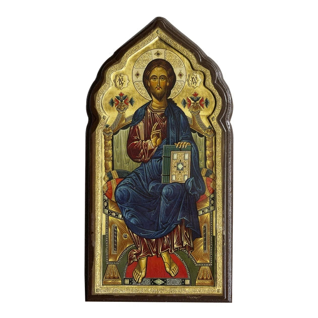 Christ Enthroned Icon Mounted On Decorative Wood