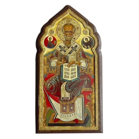 Saint Nicholas Icon Mounted On Decorative Wood