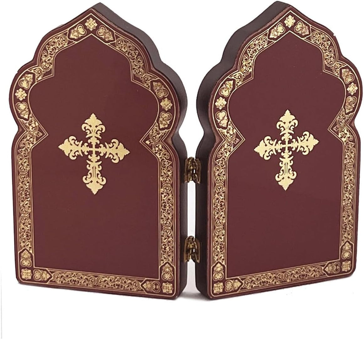 Needzo Russian Healer St Saint Panteleimon Wooden Orthodox Icon and Virgin Mary Queen of All Refuge of Sick and Cancer Suffers Diptych, Dome Shape, Gold Foil