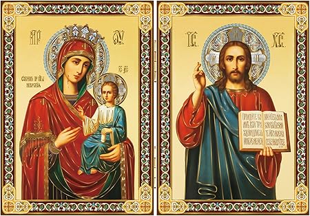 Gold Foil Christ The Teacher Madonna and Child Orthodox Russian Icon Diptych