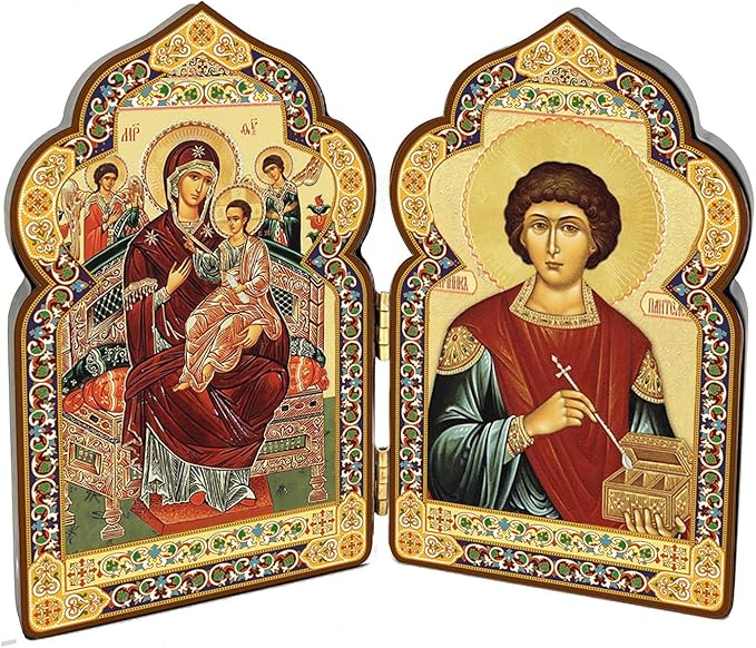 Needzo Russian Healer St Saint Panteleimon Wooden Orthodox Icon and Virgin Mary Queen of All Refuge of Sick and Cancer Suffers Diptych, Dome Shape, Gold Foil