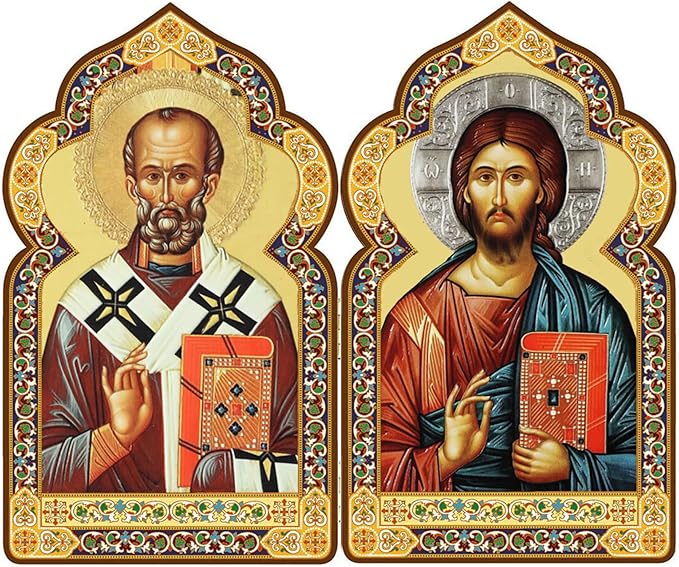 Saint St Nicholas Russian Orthodox Icon Diptych With Christ The Teacher 7 1/2 Inch, Dome Shape