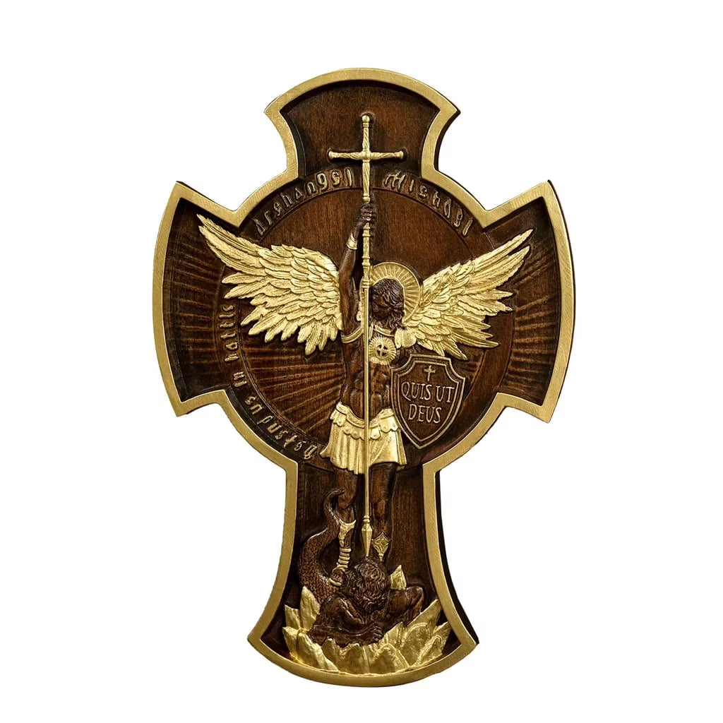 Archangel Michael Cross - Carved Oak Wood Icon