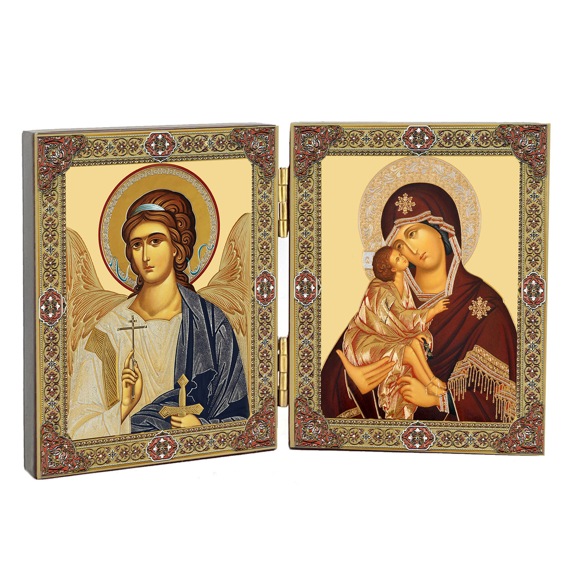 Gold Foil Icon Diptych - Virgin of Don & Guardian Angel With Cross on the Front & Back 3 1/4 Inch tall