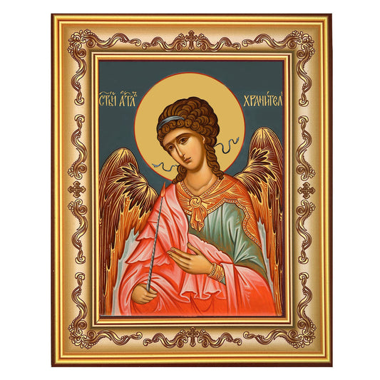 Style 2 Guardian Angel With Sword, Gold Foil Orthodox Icon in Frame