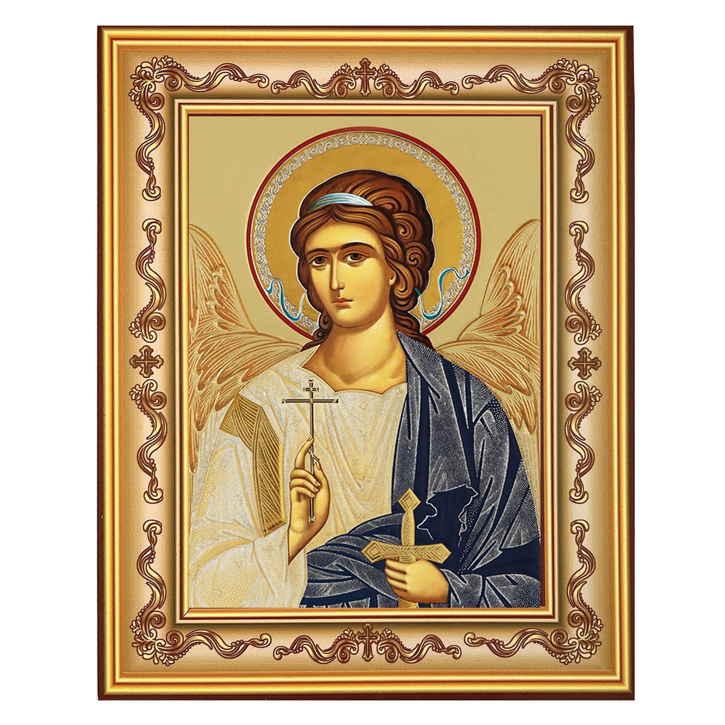 Style 3 Guardian Angel With Sword, Gold Foil Orthodox Icon in Frame