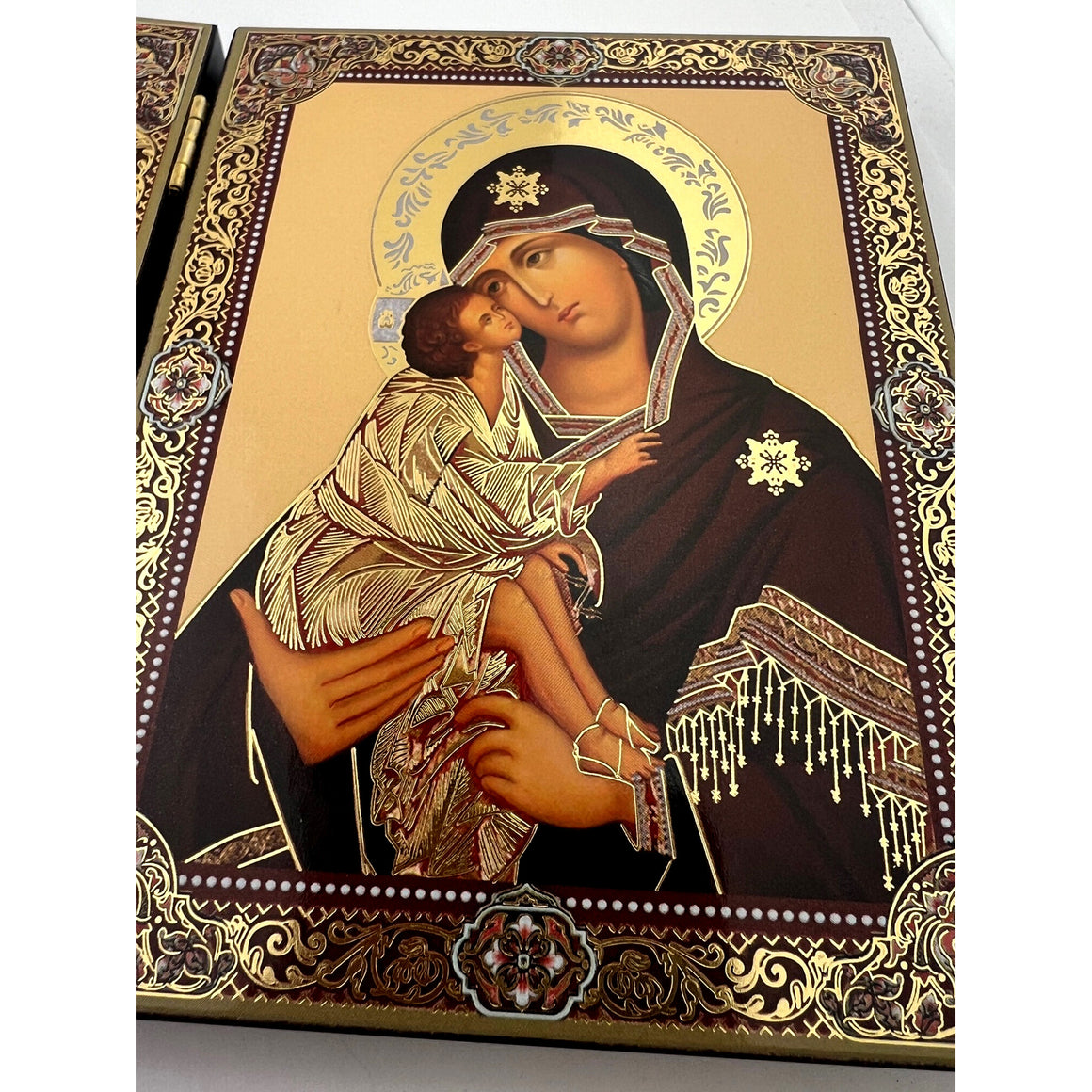 Gold Foil Icon Diptych - Virgin of Don & Guardian Angel With Cross on the Front & Back 3 1/4 Inch tall