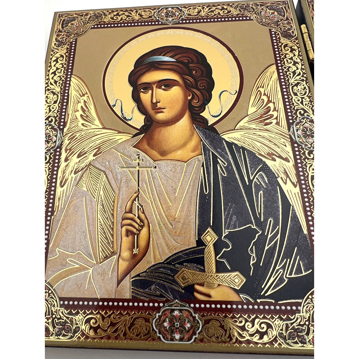 Gold Foil Icon Diptych - Virgin of Don & Guardian Angel With Cross on the Front & Back 3 1/4 Inch tall