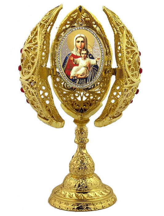 Christ and Mother of God Icon Filigree Egg Triptych 6"