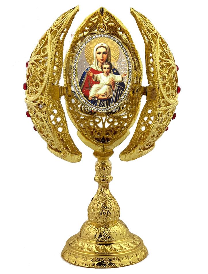Christ and Mother of God Icon Filigree Egg Triptych 6"