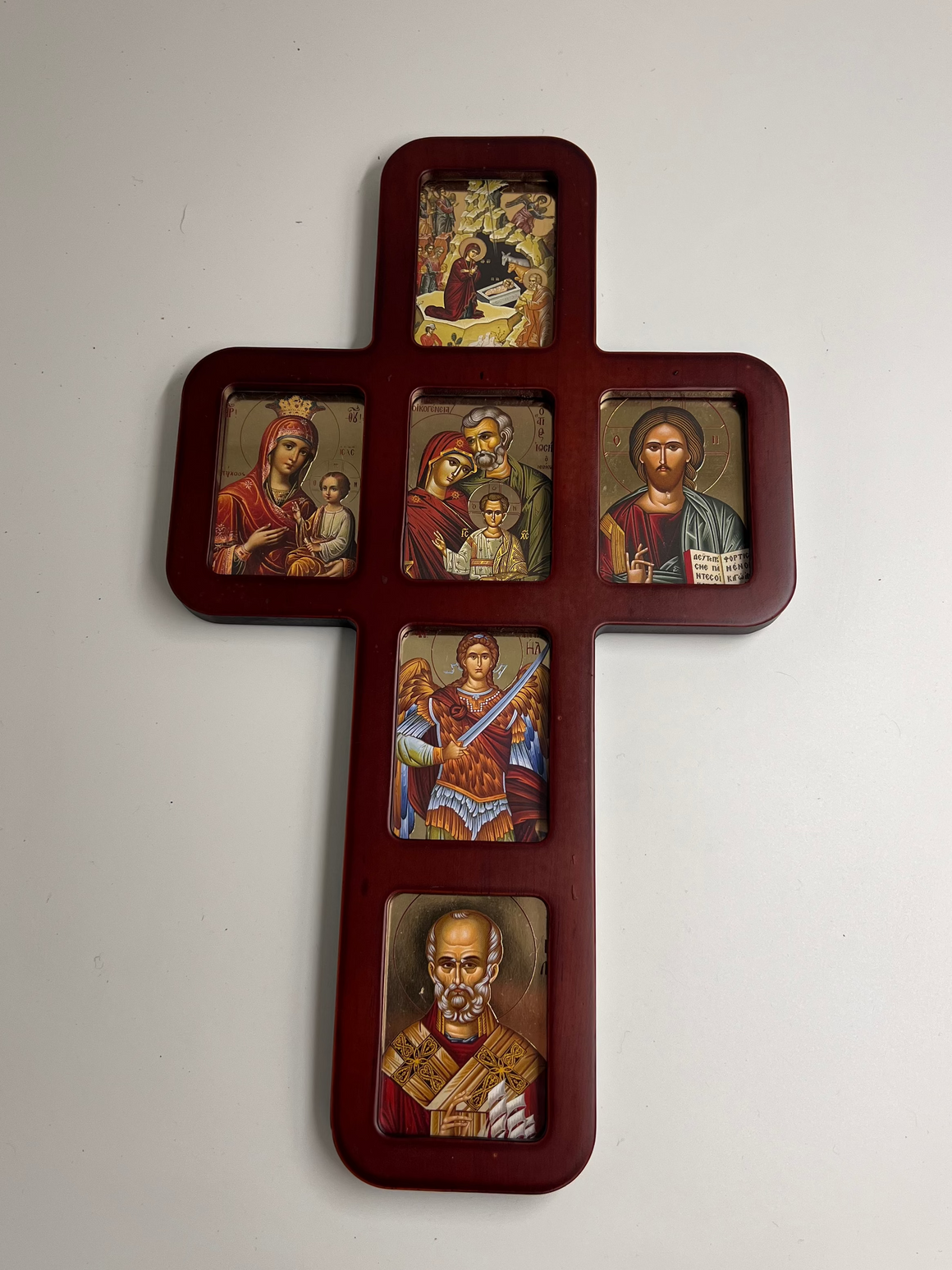 Gold Foiled Icon Wall Cross - 14 Inch Oak Wood