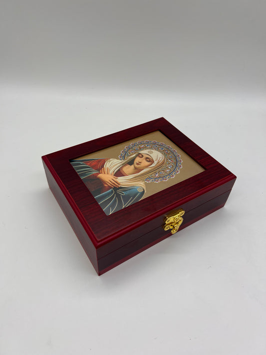 Mother Of God "Extreme Humility" Wooden Icon Box Keepsake For Prayer Ropes & Jewelry - Anything Sacred 7 1/2 Inch