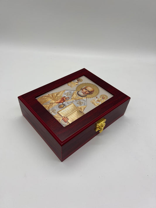 St. Nicholas Wooden Icon Box Keepsake For Prayer Ropes & Jewelry - Anything Sacred 7 1/2 Inch