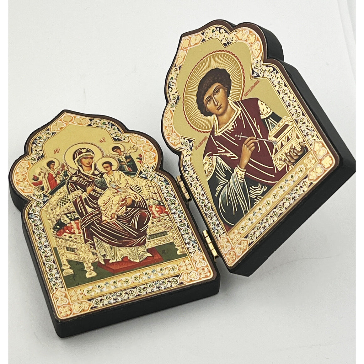 Russian Healers St Saint Panteleimon and Virgin Mary Queen of All Refuge of Sick and Cancer Suffers Church Dome Shape Orthodox Icon Diptych Wooden 4 Inch tall