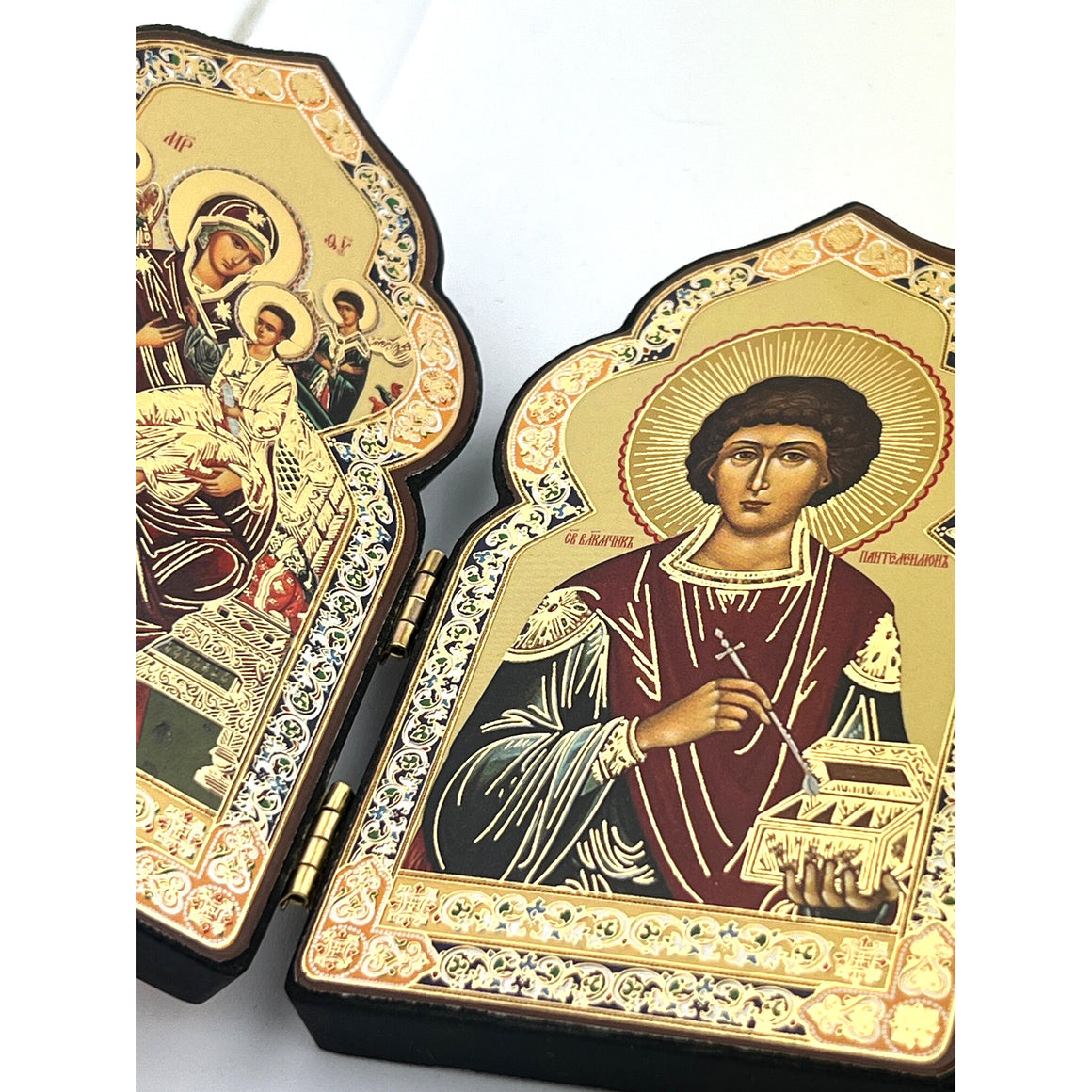 Russian Healers St Saint Panteleimon and Virgin Mary Queen of All Refuge of Sick and Cancer Suffers Church Dome Shape Orthodox Icon Diptych Wooden 4 Inch tall
