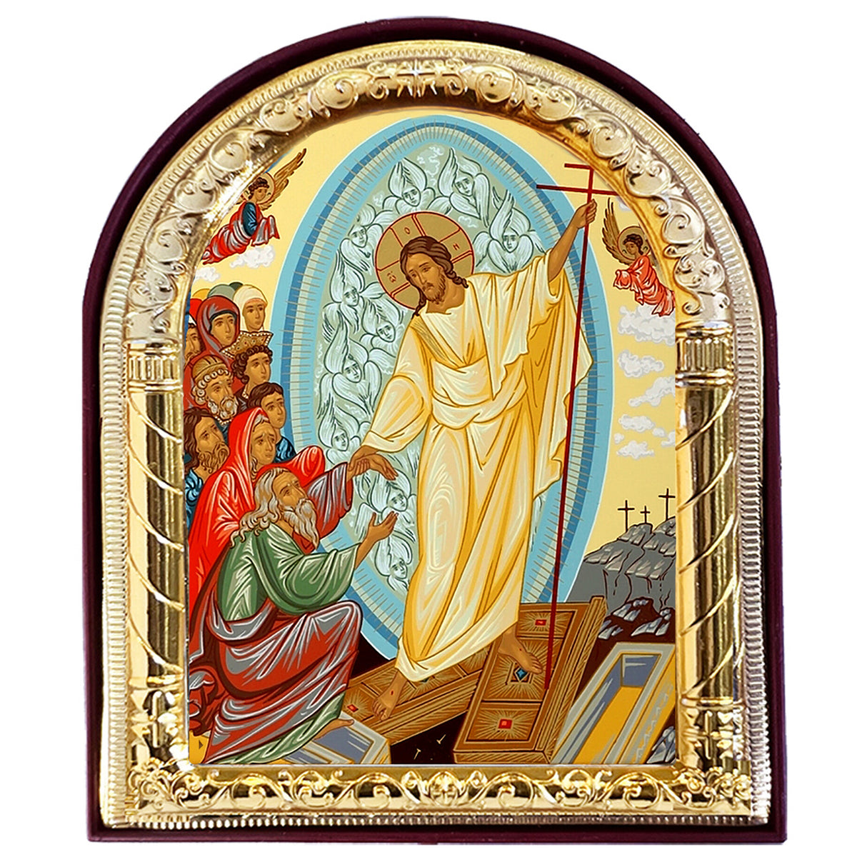 Resurrection of Jesus Christ Icon - Gold Foil - Arched Icon With It's Standing and Hole For Hanging 4 1/16 Inch