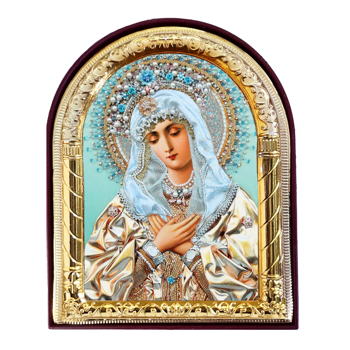 Extreme Humility of Virgin Mary - Gold Foil - Arched Icon With It's Standing and Hole For Hanging 4 1/16 Inch