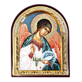Guardian Angel With Baby - An Angel of peace, a guide and guardian of our souls and bodieS - Gold Foil - Arched Icon With It's Standing and Hole For Hanging 4 1/16 Inch