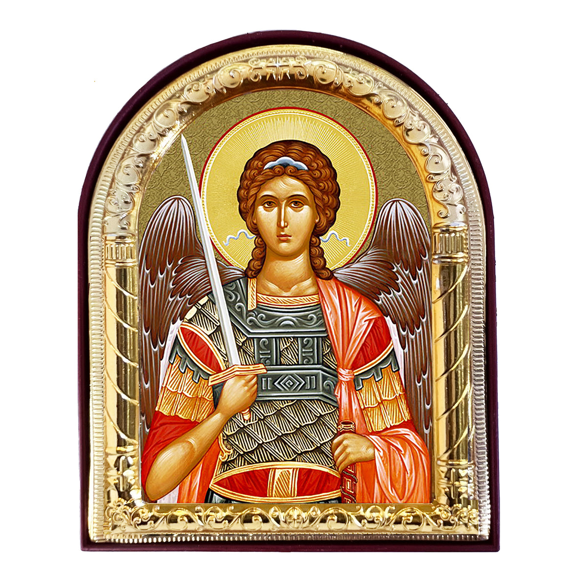 Archangel Michael - Gold Foil - Arched Icon With It's Standing and Hole For Hanging 4 1/16 Inch