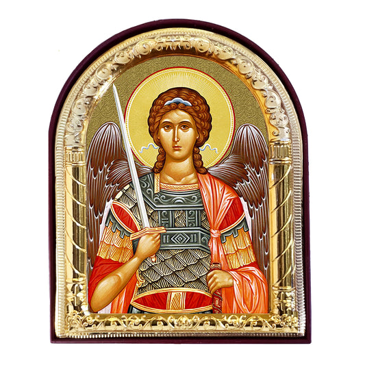 Archangel Michael - Gold Foil - Arched Icon With It's Standing and Hole For Hanging 4 1/16 Inch