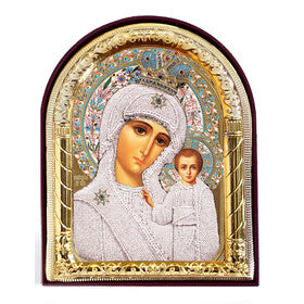 Virgin of Kazan Icon - Gold Foil - Arched Icon With It's Standing and Hole For Hanging 4 1/16 Inch