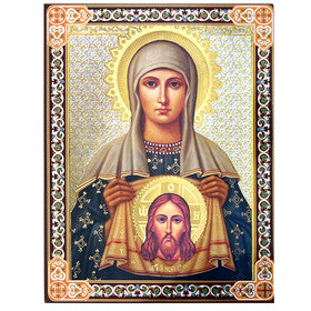 Christ Image St Veronica with Veil - Gold Foil Wooden Icon 7 1/2 inch, Wall Hanging & Standing