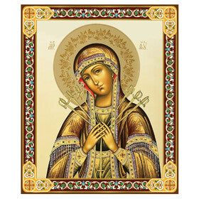 Virgin Mary Seven Swords Wooden Icon Gold Foil - Wooden Icon Gold Foil 4 3/4 inch, With Hook For Hanging on Wall and Stand for Standing