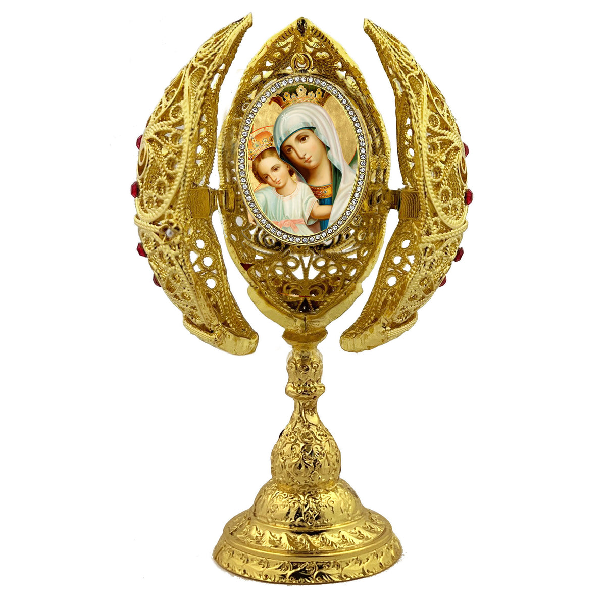 Christ and Mother of God Icon Filigree Egg Triptych 6"