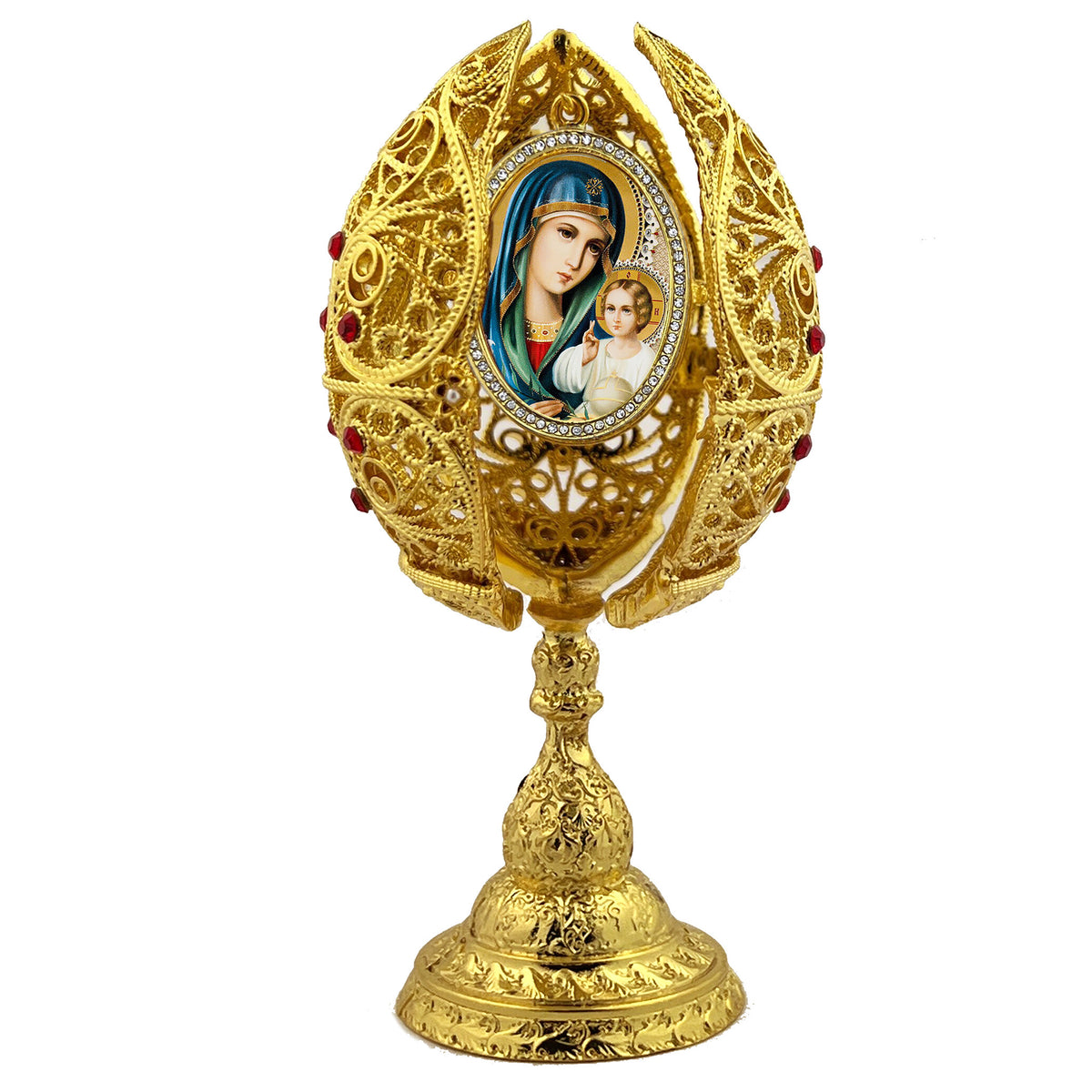 Christ and Mother of God Icon Filigree Egg Triptych 6"