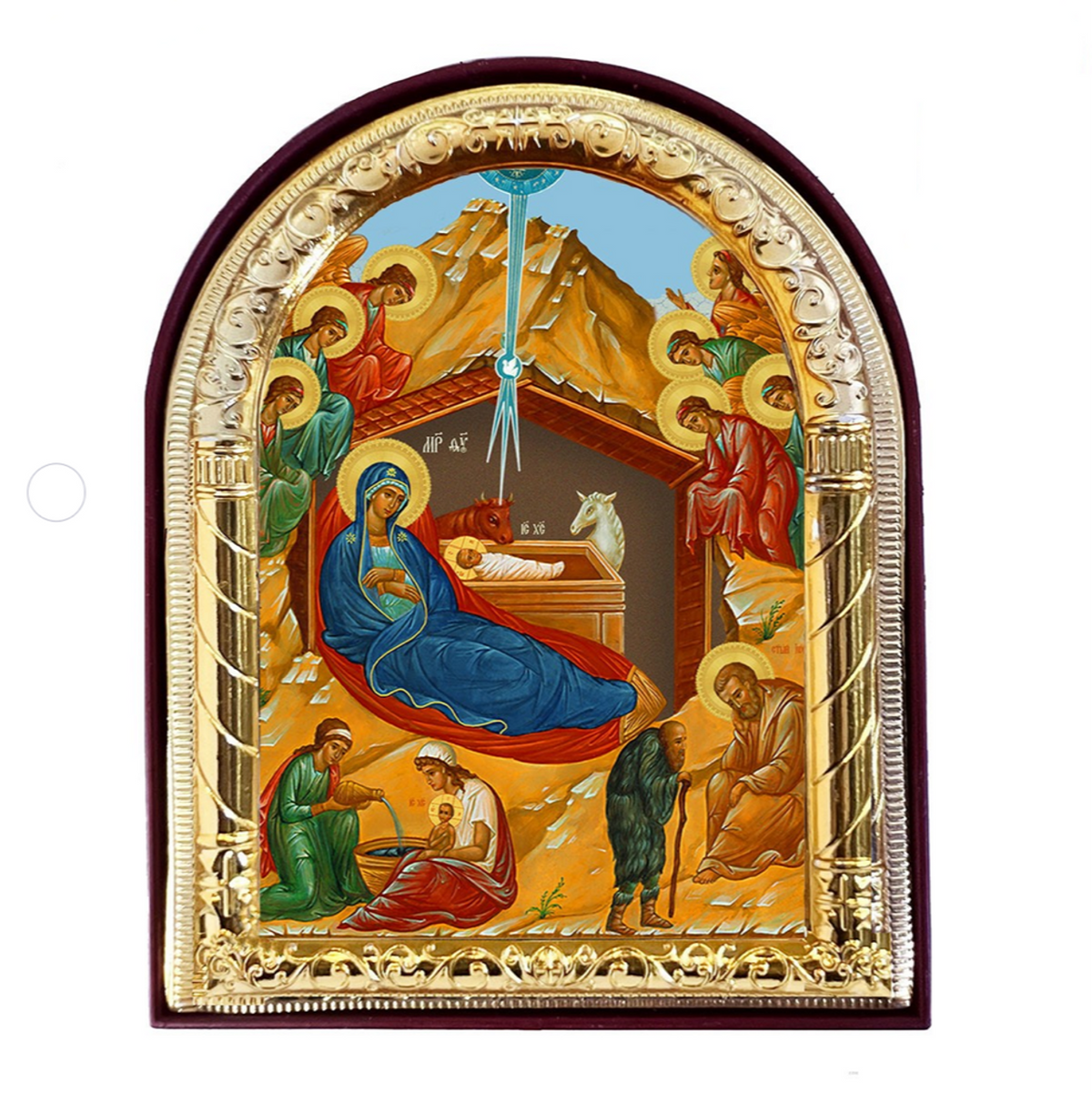 Nativity - Gold Foil - Arched Icon With It's Standing and Hole For Hanging 4 1/16 Inch