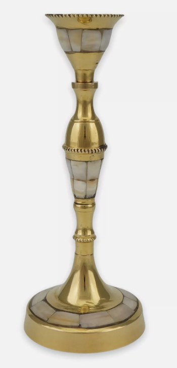 Brass Taper Candle Holder with Mother of Pearl Inlay - Christian Candlestick
