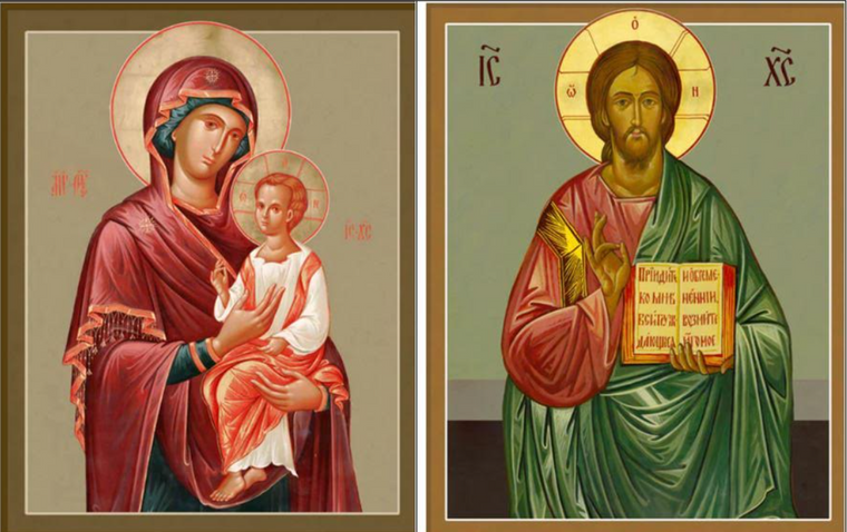 Pair of Classic Wedding Icons: Mother of God "Protection," & Christ Almighty (High-quality Classic, 9 in)