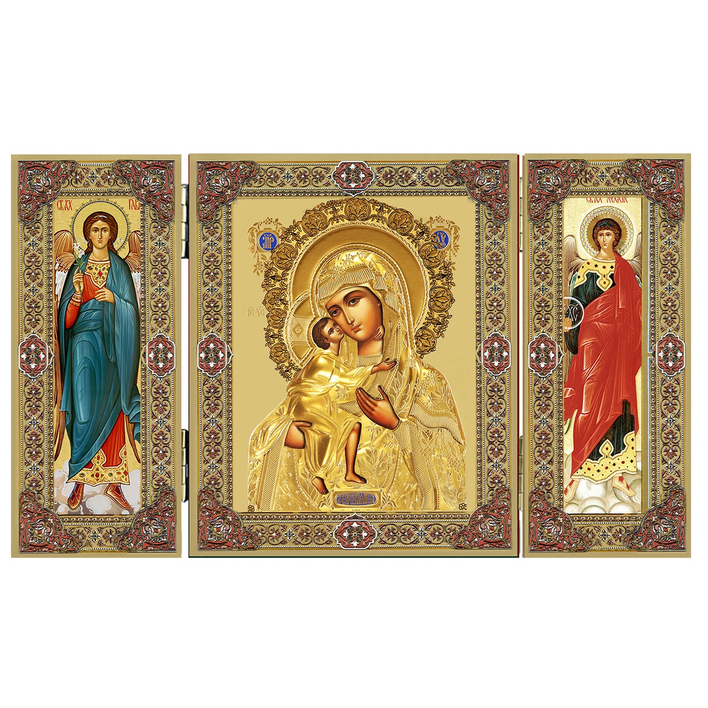 Virgin Mary Christ Icon Triptych With Archangels Michael and Gabriel - Gold Foil 5 1/16 Inch, Virgin Mary Feodorovskaya