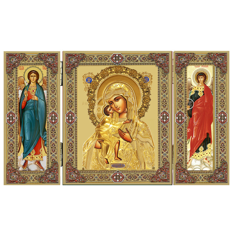 Virgin Mary Christ Icon Triptych With Archangels Michael and Gabriel - Gold Foil 5 1/16 Inch, Virgin Mary Feodorovskaya