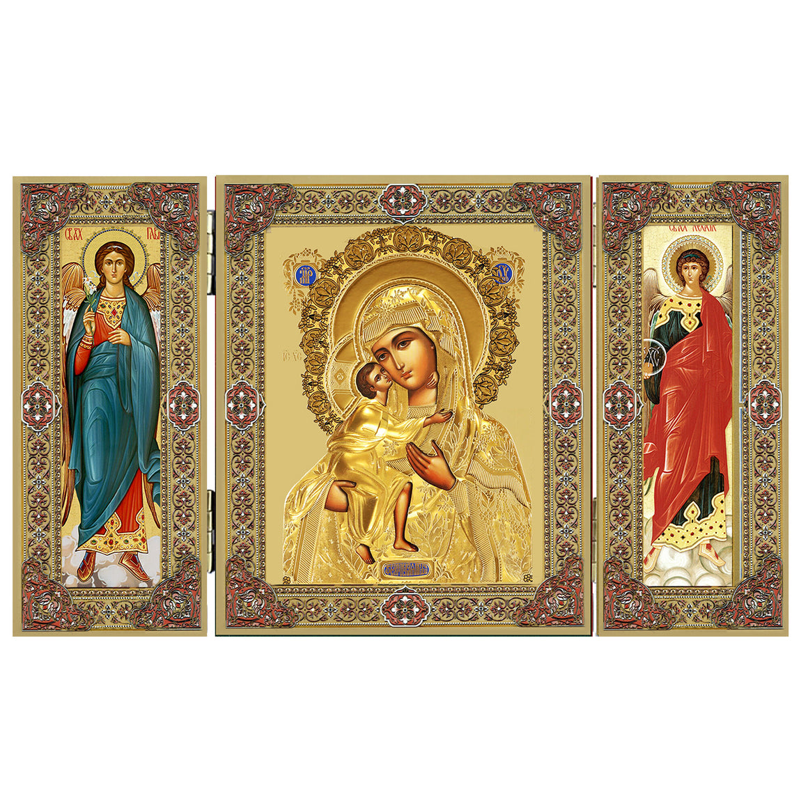 Virgin Mary Christ Icon Triptych With Archangels Michael and Gabriel - Gold Foil 5 1/16 Inch, Virgin Mary Feodorovskaya