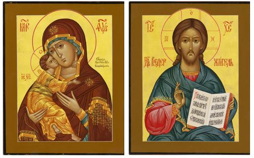 Pair of Classic Wedding Icons: Mother of God "Protection," & Christ Almighty (High-quality Classic)