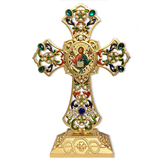 Christ The Vine-Tree Byzantine Icon Filigree Standing Jeweled Icon Cross - Decorated with Faux Pearls 8 5/8 Inch - Icon is Gold Foiled