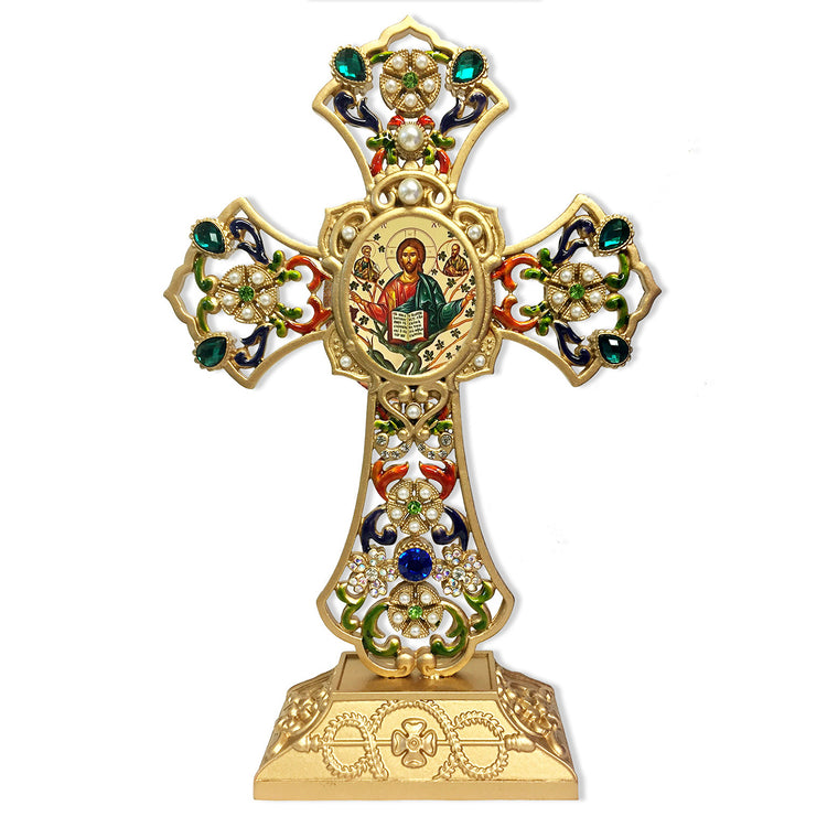 Christ The Vine-Tree Byzantine Icon Filigree Standing Jeweled Icon Cross - Decorated with Faux Pearls 8 5/8 Inch - Icon is Gold Foiled