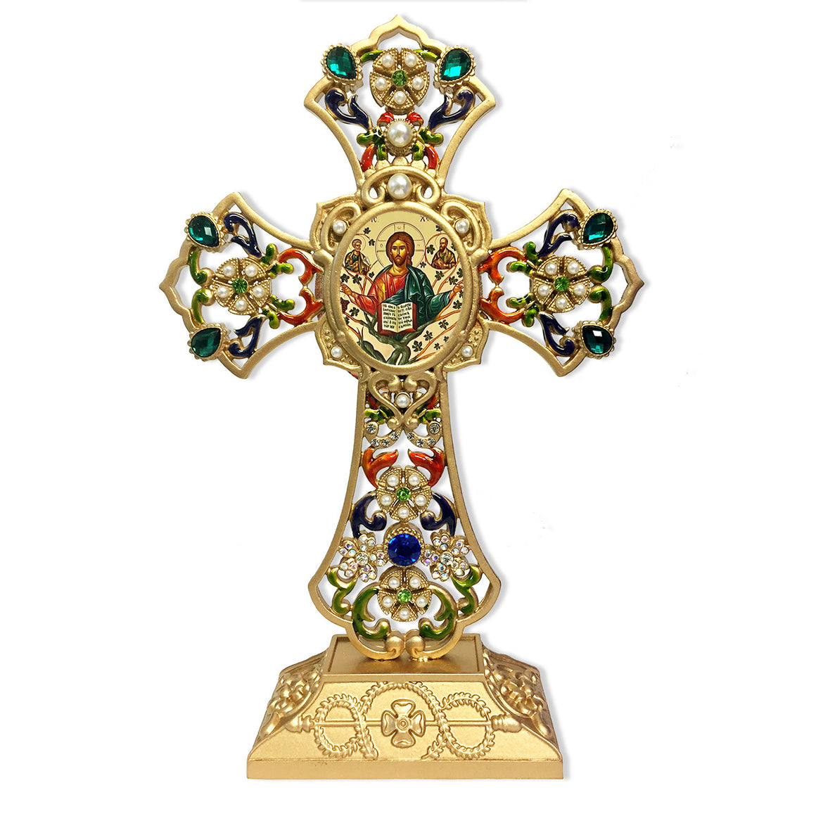 Christ The Vine-Tree Byzantine Icon Filigree Standing Jeweled Icon Cross - Decorated with Faux Pearls 8 5/8 Inch - Icon is Gold Foiled