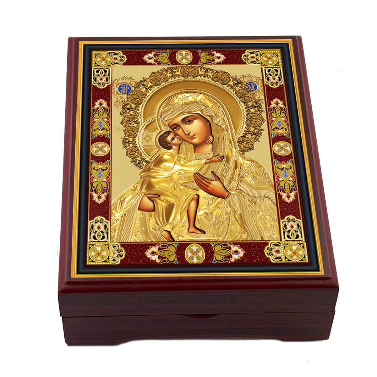 Virgin Mary & Christ Wooden Icon Box, Keepsake Box, Lined With Velvet
